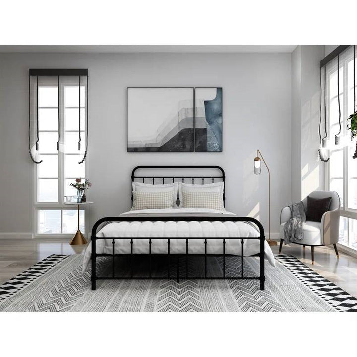 Full Size Farmhouse Black Metal Bed Frame with Rounded Headboard Footboard