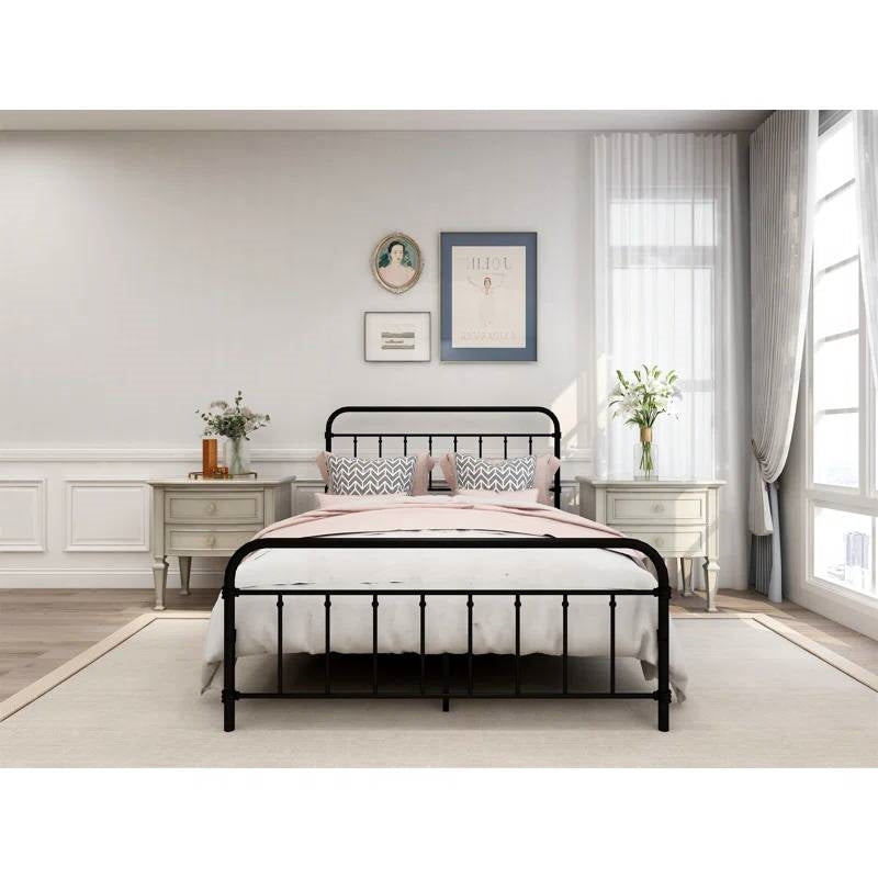 Full Size Farmhouse Black Metal Bed Frame with Rounded Headboard Footboard