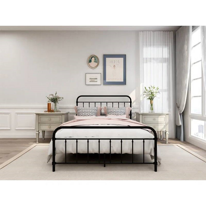 Full Size Farmhouse Black Metal Bed Frame with Rounded Headboard Footboard