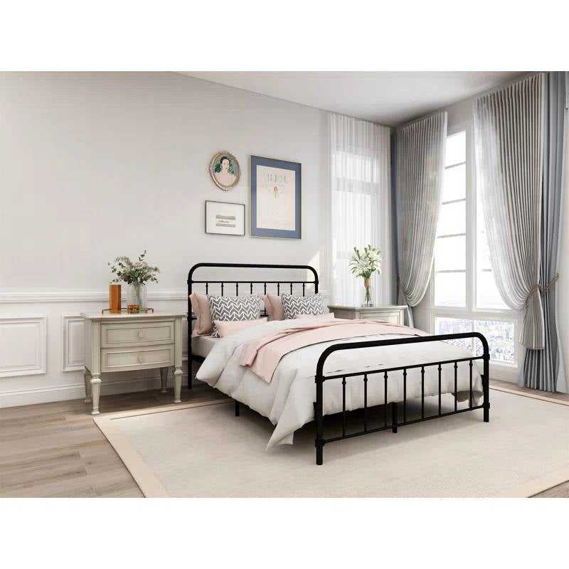 Full Size Farmhouse Black Metal Bed Frame with Rounded Headboard Footboard