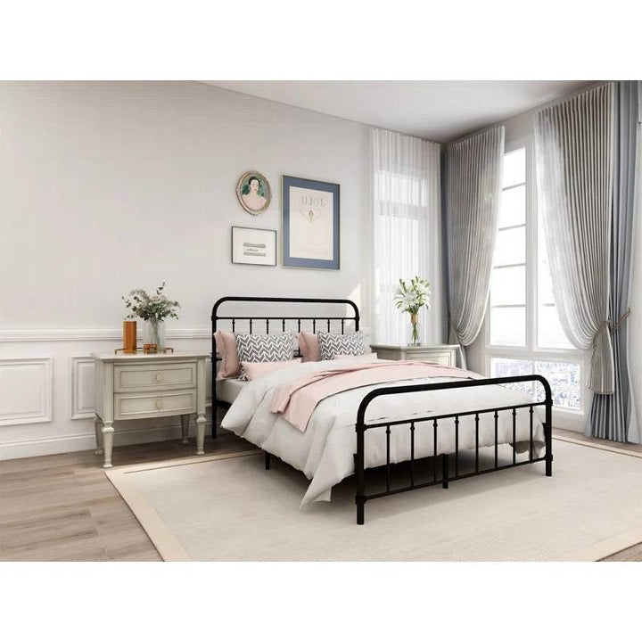 Full Size Farmhouse Black Metal Bed Frame with Rounded Headboard Footboard