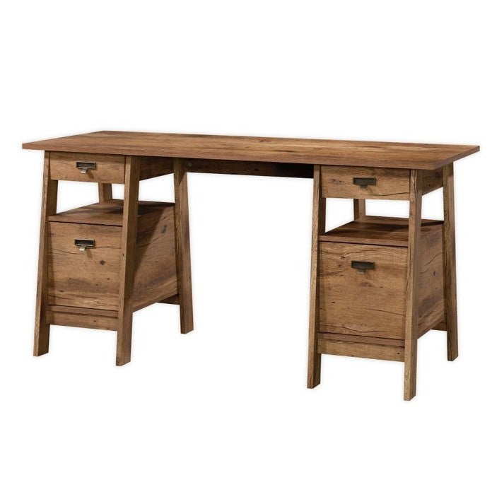 Farmhouse Rustic Oak Executive Desk w/ Filing Cabinets Storage