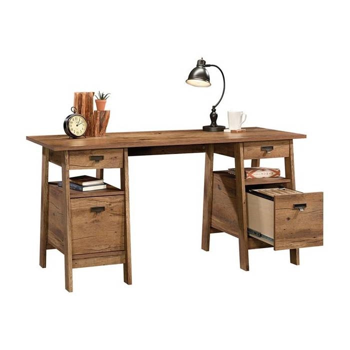 Farmhouse Rustic Oak Executive Desk w/ Filing Cabinets Storage