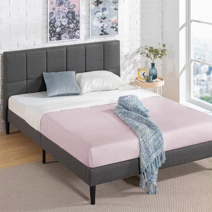 Full Size Grey Upholstered Platform Bed Frame with Padded Headboard