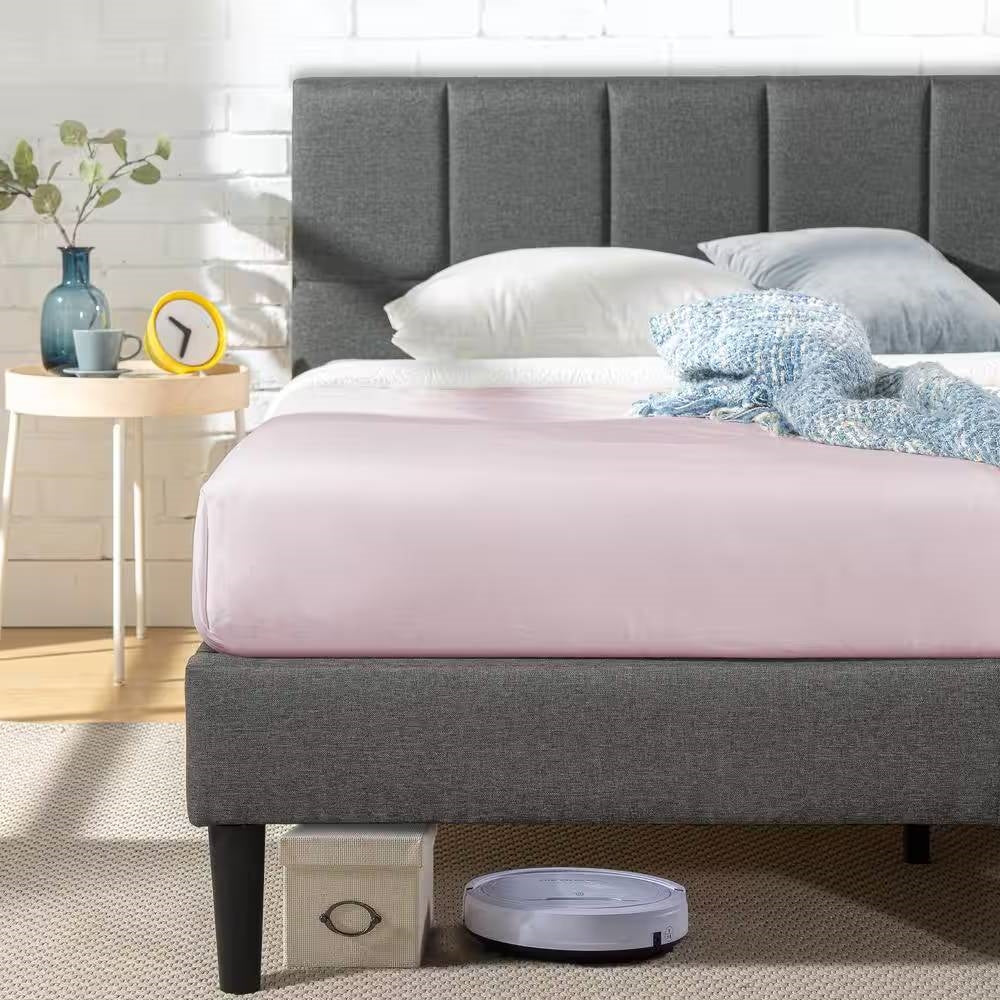 Full Size Grey Upholstered Platform Bed Frame with Padded Headboard