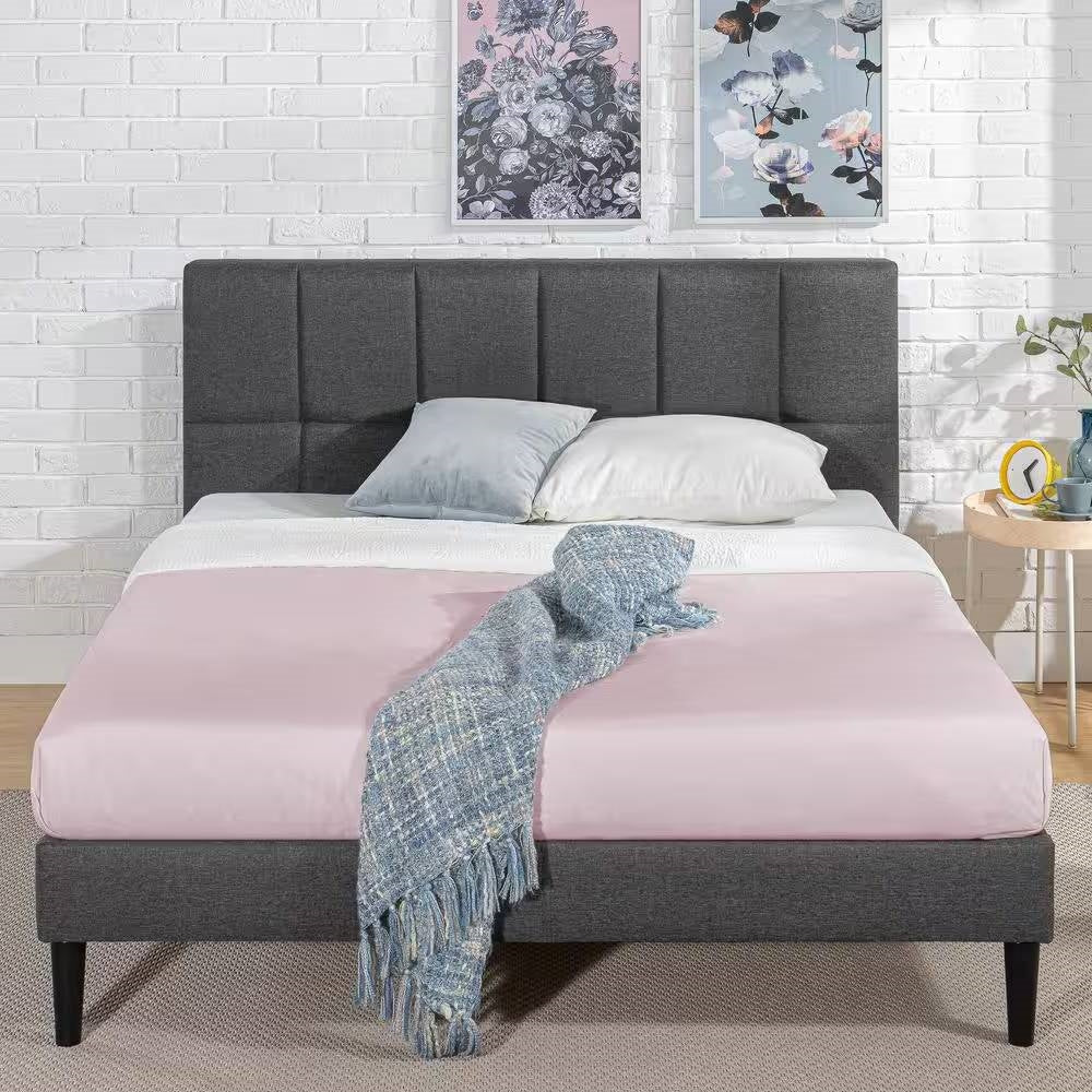 Full Size Grey Upholstered Platform Bed Frame with Padded Headboard