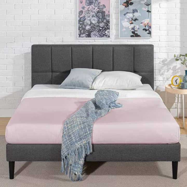 Full Size Grey Upholstered Platform Bed Frame with Padded Headboard