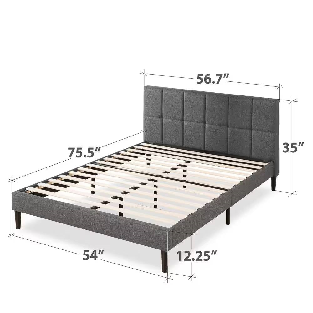 Full Size Grey Upholstered Platform Bed Frame with Padded Headboard