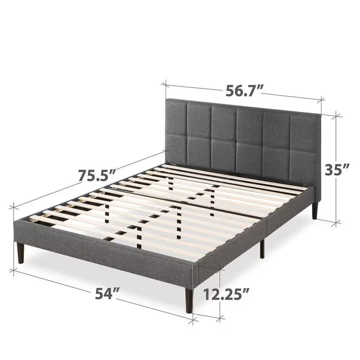 Full Size Grey Upholstered Platform Bed Frame with Padded Headboard