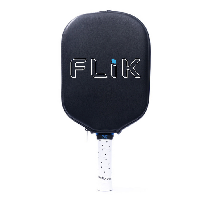 Black pickleball paddle with Flik branding on a white background.