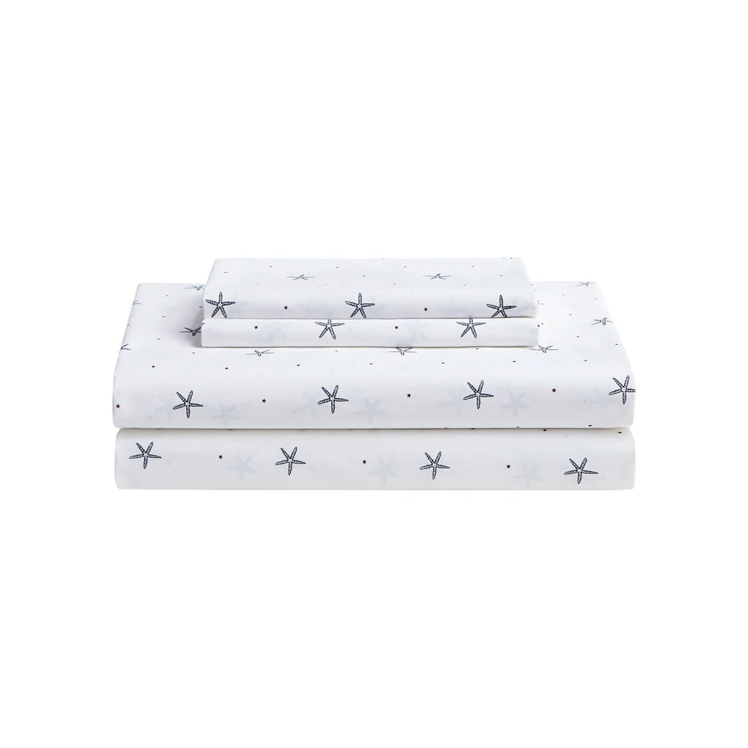Full Size Coastal Beach Starfish White Navy Red 100-Percent Cotton Sheet Set
