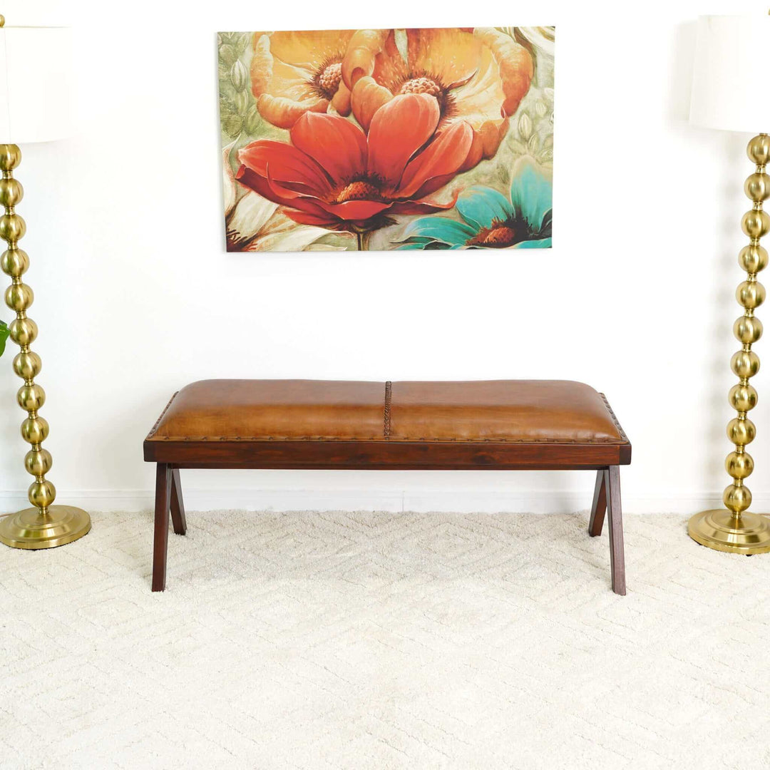 Chad Mid Century Modern Tan Leather Bench Front