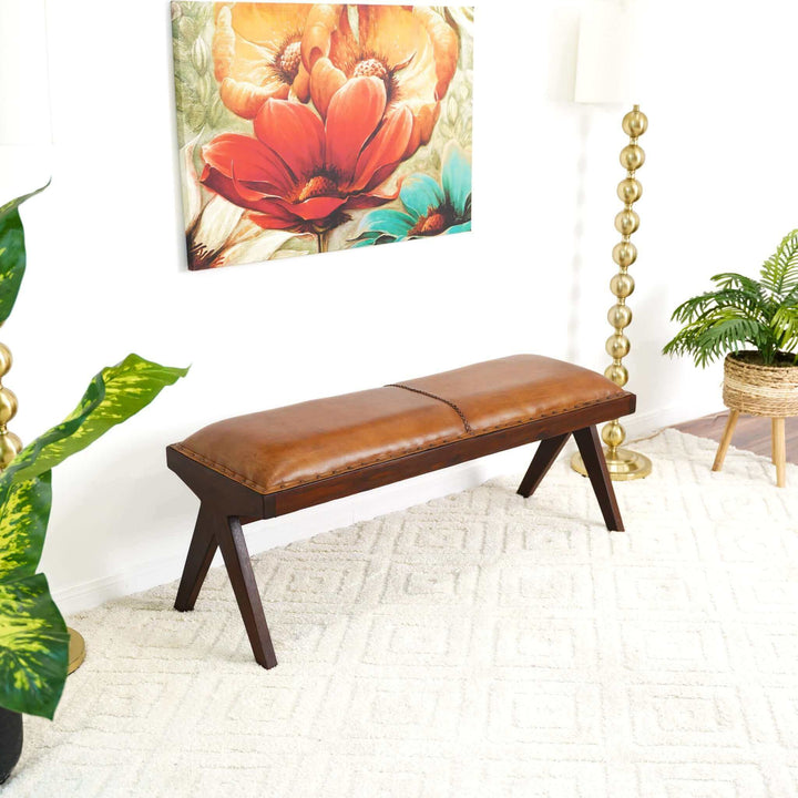 Chad Mid Century Modern Tan Leather Bench In Room