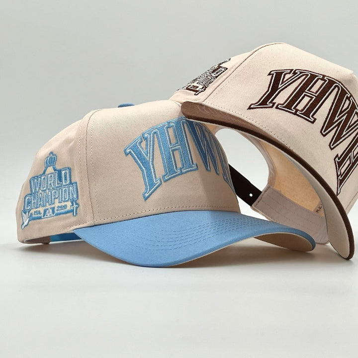 ‘YHWH’ Structured Snapback Hat - Cream/Baby Blue