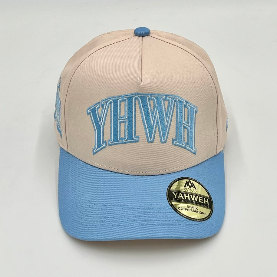 ‘YHWH’ Structured Snapback Hat - Cream/Baby Blue