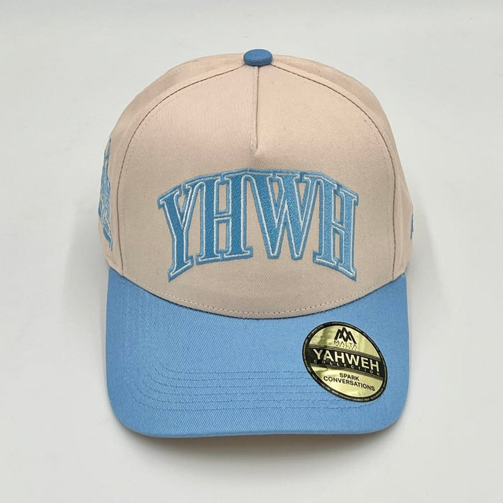 ‘YHWH’ Structured Snapback Hat - Cream/Baby Blue
