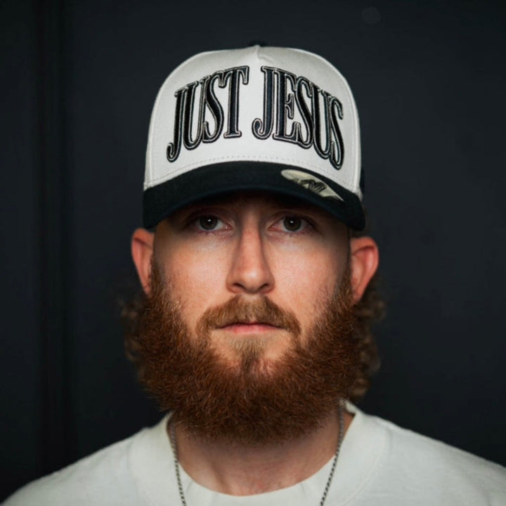 ‘JUST JESUS’ Premium Snapback Hat - Cream/Black