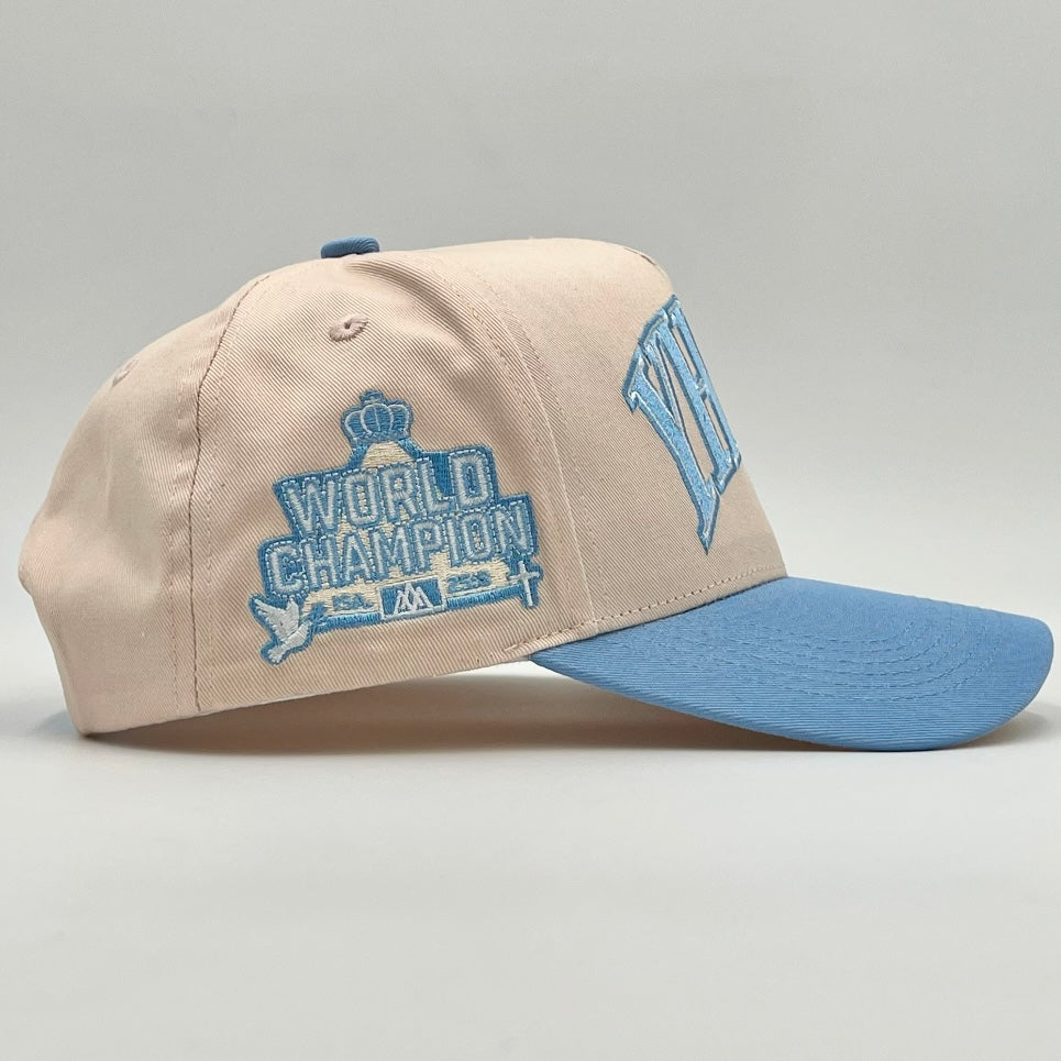 ‘YHWH’ Structured Snapback Hat - Cream/Baby Blue