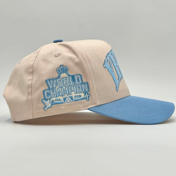 ‘YHWH’ Structured Snapback Hat - Cream/Baby Blue