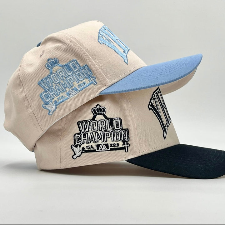 ‘YHWH’ Structured Snapback Hat - Cream/Baby Blue