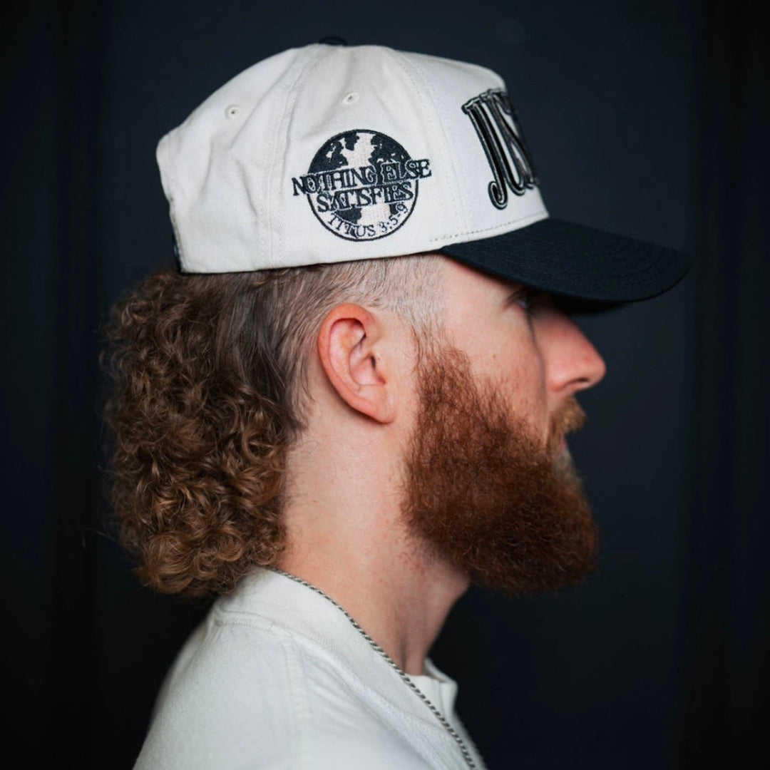 ‘JUST JESUS’ Premium Snapback Hat - Cream/Black