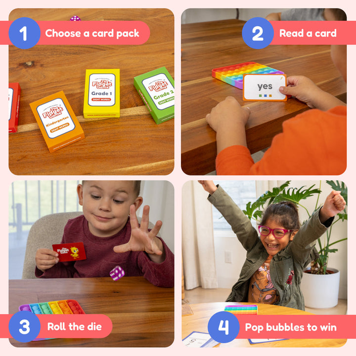 Collage of a children's game with card packs, dice, and bubbles on a wooden table.