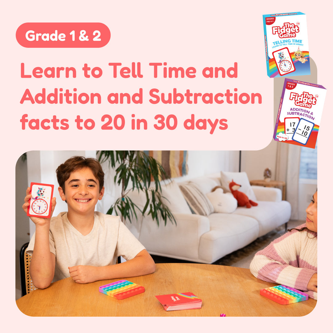 Children playing with educational card games at a table, with text about learning time and math facts.