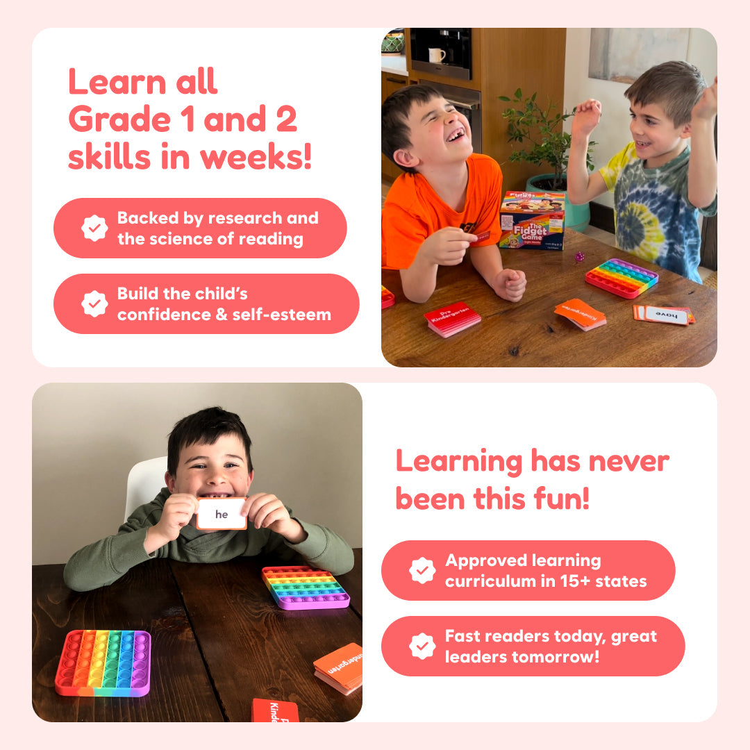 Children playing with educational cards and fidget toys on a table, with promotional text about learning skills and confidence building.