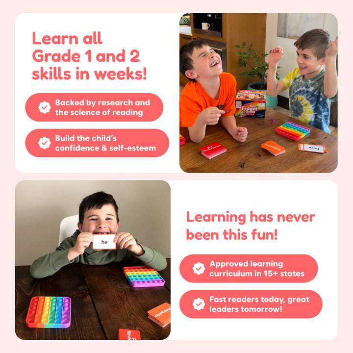 Children playing with educational cards and fidget toys on a table, with promotional text about learning skills and confidence building.