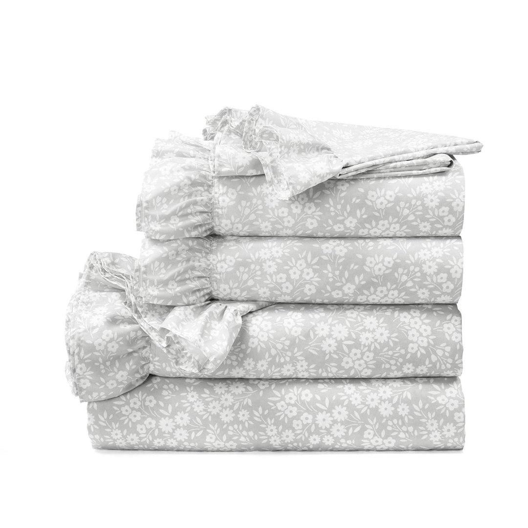 Queen Size Grey Ruffle Floral Polyester 6 Piece Sheet Set