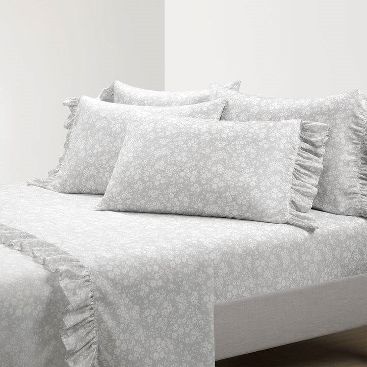 Queen Size Grey Ruffle Floral Polyester 6 Piece Sheet Set