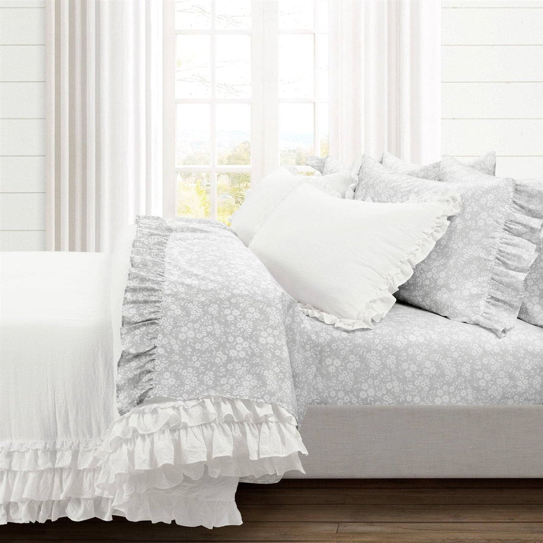 Queen Size Grey Ruffle Floral Polyester 6 Piece Sheet Set