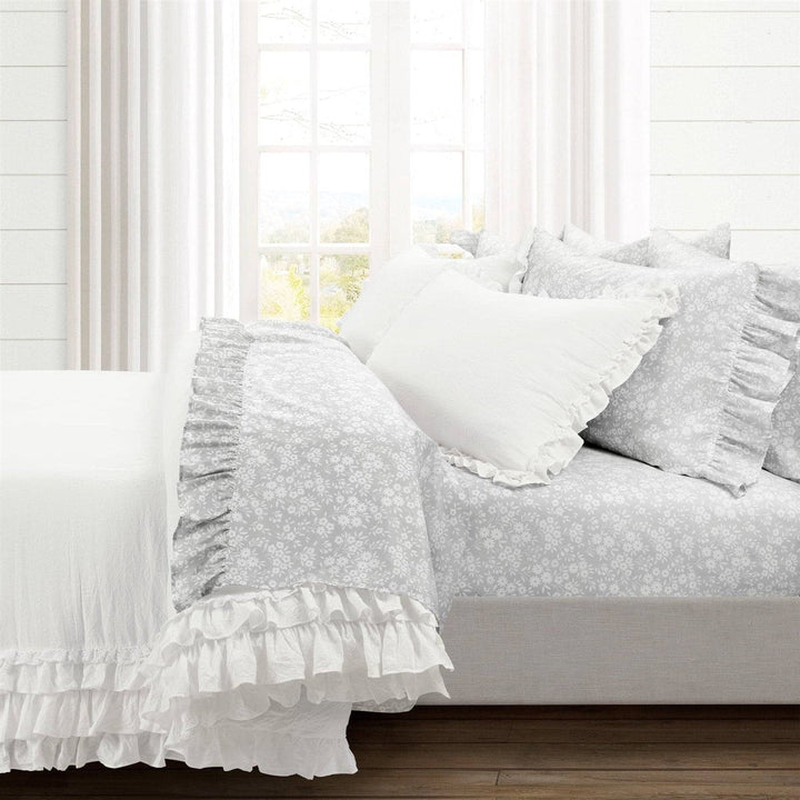 Queen Size Grey Ruffle Floral Polyester 6 Piece Sheet Set