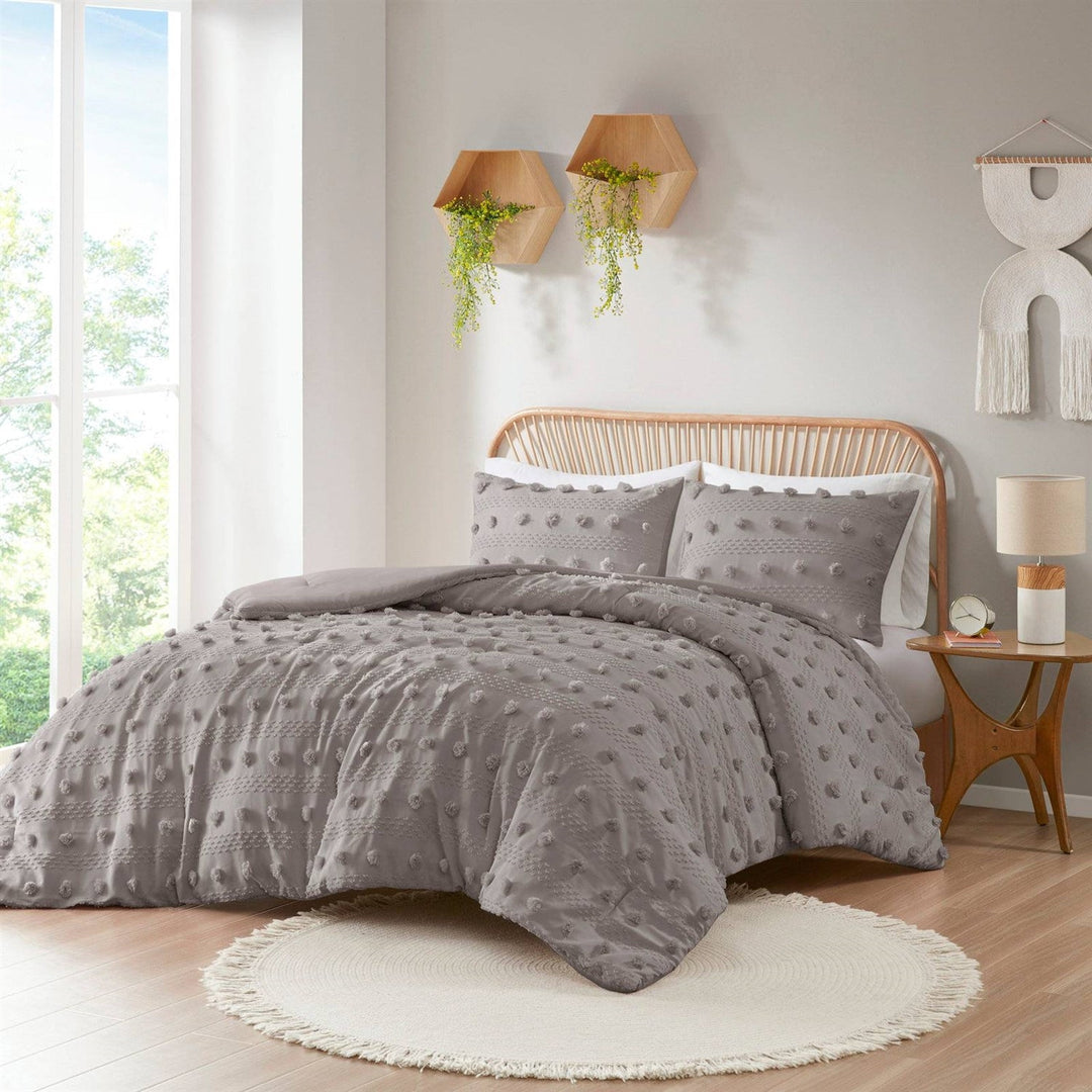 King/Cal King 3-Piece Grey Microfiber Comforter Set with Decorative Pompoms
