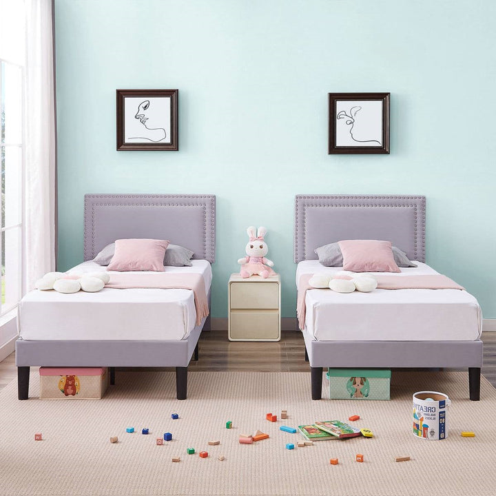 Set of 2 - Twin Size Grey Upholstered Platform Bed Frame with Headboard