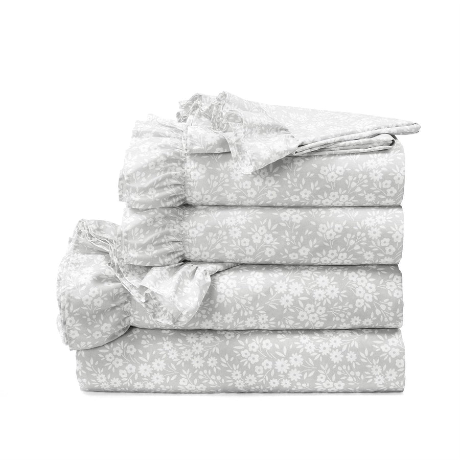 King Size Grey Ruffle Floral Polyester 6 Piece Sheet Set