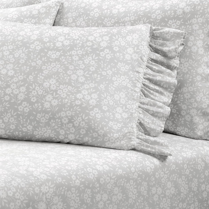King Size Grey Ruffle Floral Polyester 6 Piece Sheet Set