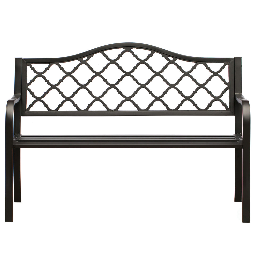 Gardenised Outdoor Garden Patio Steel Park Bench Lawn Decor with Cast Iron Back, Black Seating bench for Yard, Patio, Garden and Deck Front Photo