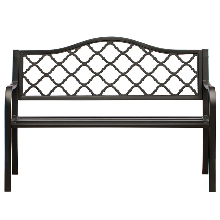 Gardenised Outdoor Garden Patio Steel Park Bench Lawn Decor with Cast Iron Back, Black Seating bench for Yard, Patio, Garden and Deck Front Photo