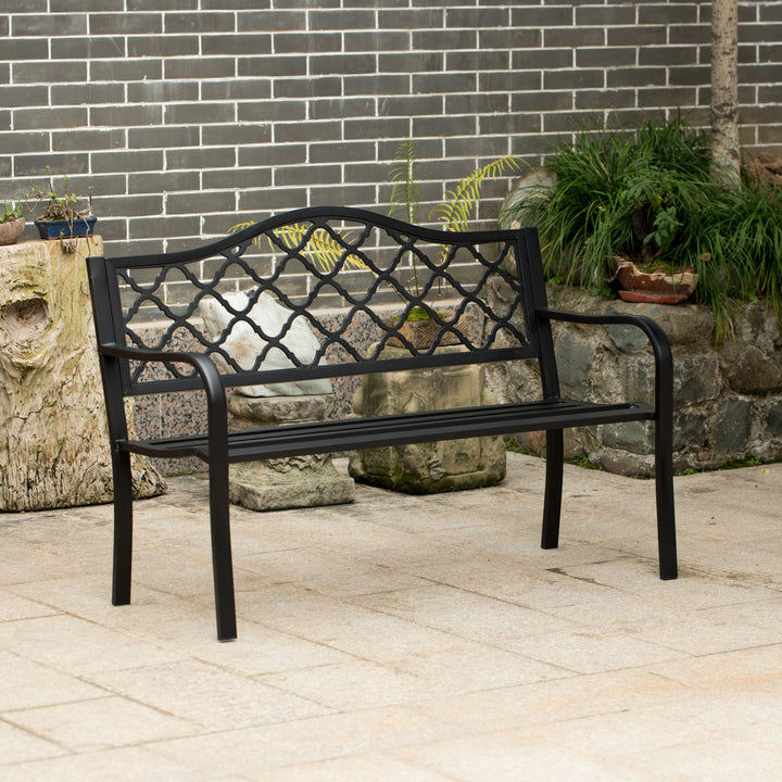 Gardenised Outdoor Garden Patio Steel Park Bench Lawn Decor with Cast Iron Back, Black Seating bench for Yard, Patio, Garden and Deck Right Angle