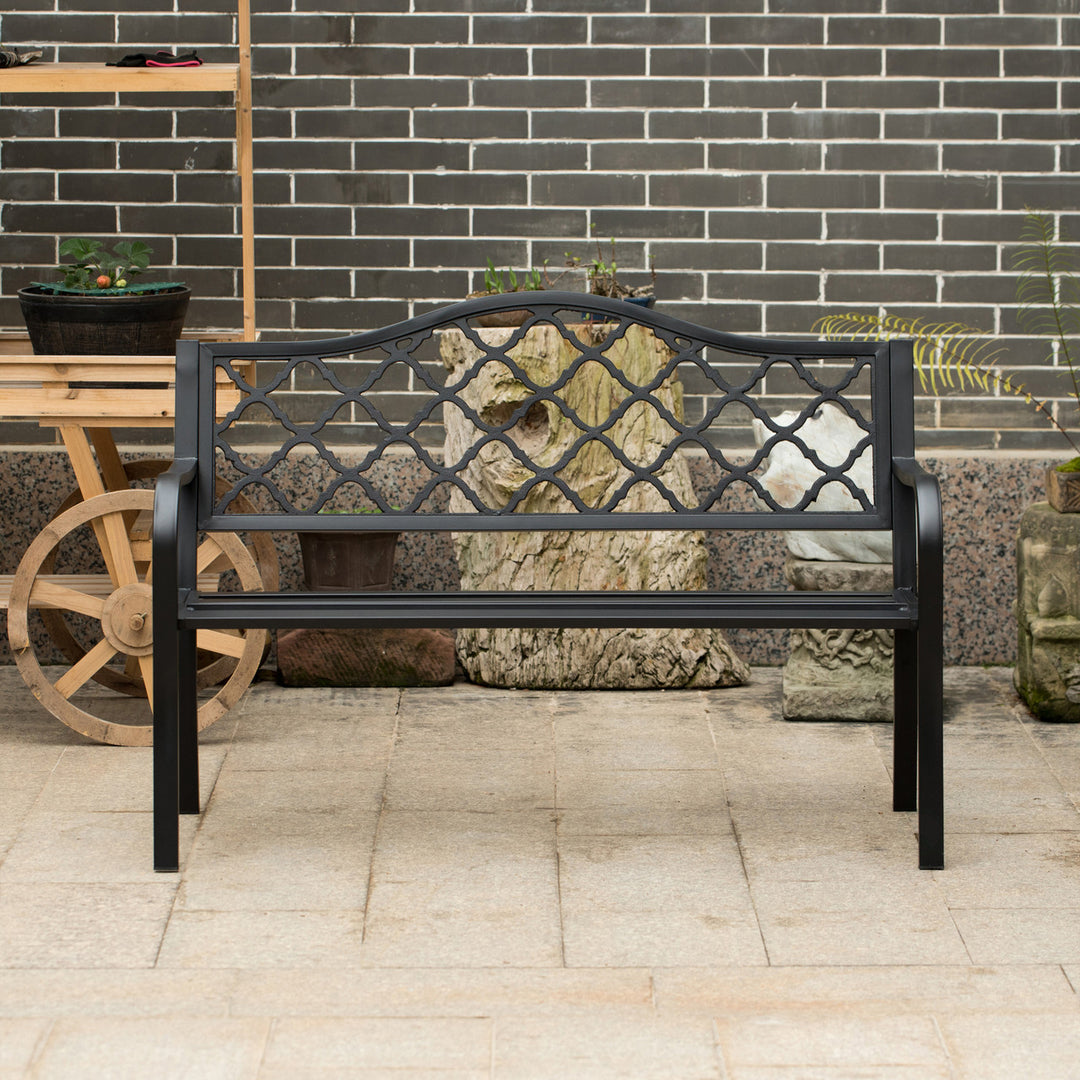 Gardenised Outdoor Garden Patio Steel Park Bench Lawn Decor with Cast Iron Back, Black Seating bench for Yard, Patio, Garden and Deck Front View