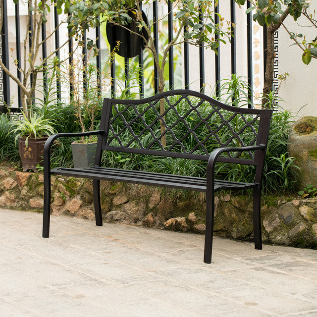 Gardenised Outdoor Garden Patio Steel Park Bench Lawn Decor with Cast Iron Back, Black Seating bench for Yard, Patio, Garden and Deck On Walkway