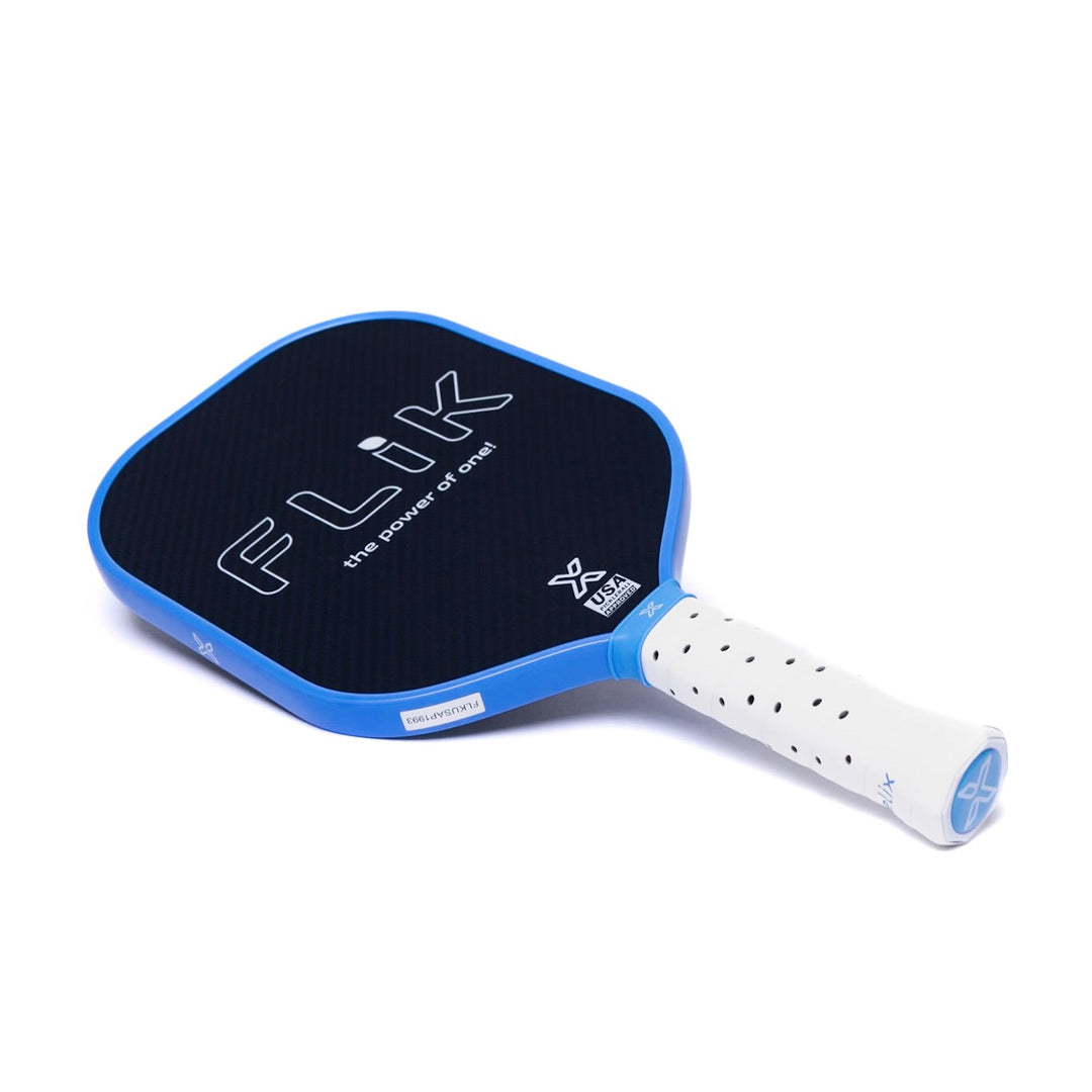 Pickleball paddle with blue rim and white handle on a white background.
