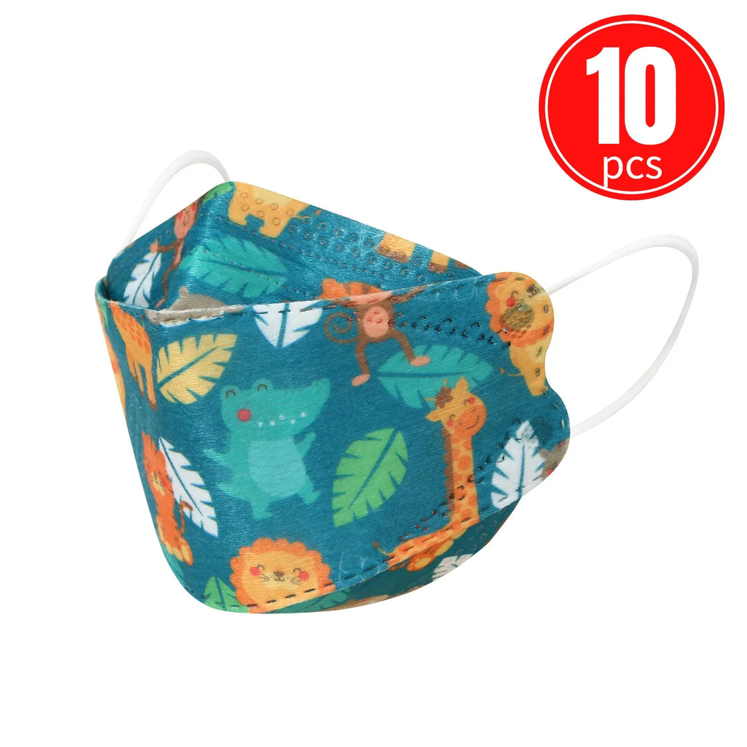 Children's face mask with jungle animal pattern and 10 pieces label on a white background.