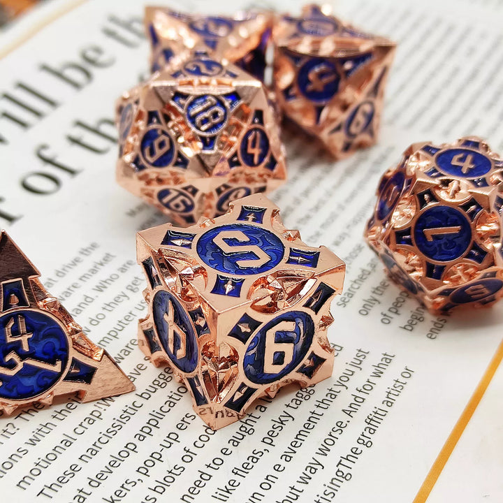 Rose Gold w/blue Barbed Strengthened Metal 7-Dice Set | Metal DND Dice