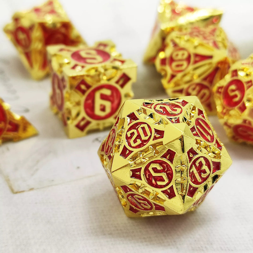 Gold w/red Barbed Strengthened Metal 7-Dice Set | Metal DND Dice