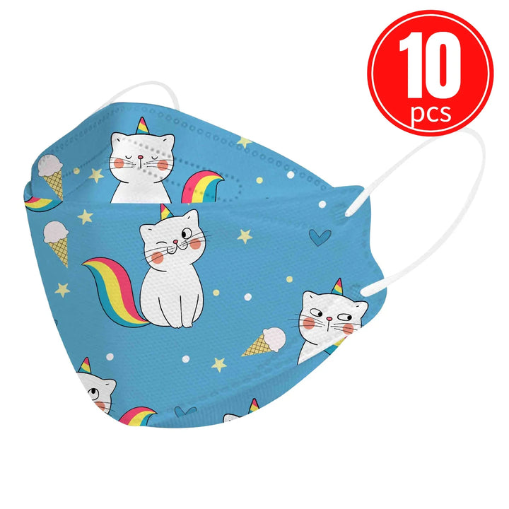 Children's face mask with cat and rainbow design, 10 pieces pack on a white background.