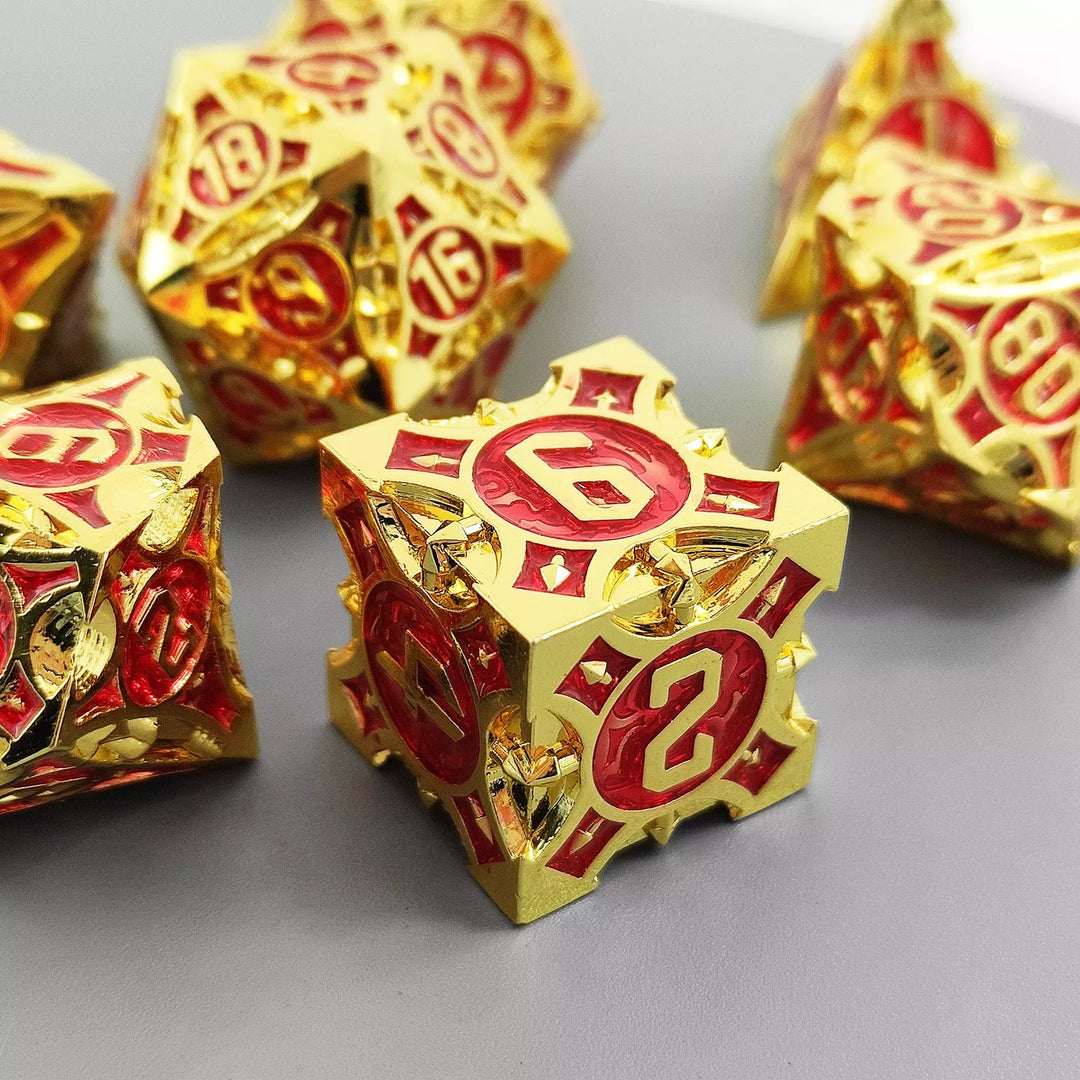 Gold w/red Barbed Strengthened Metal 7-Dice Set | Metal DND Dice