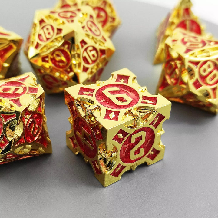 Gold w/red Barbed Strengthened Metal 7-Dice Set | Metal DND Dice