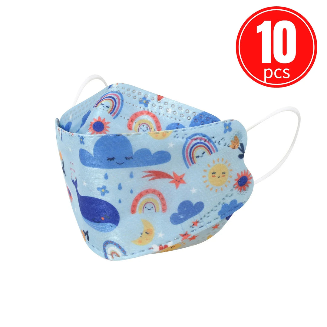 Children's face mask with rainbow and cloud pattern, including 10 masks in a package.